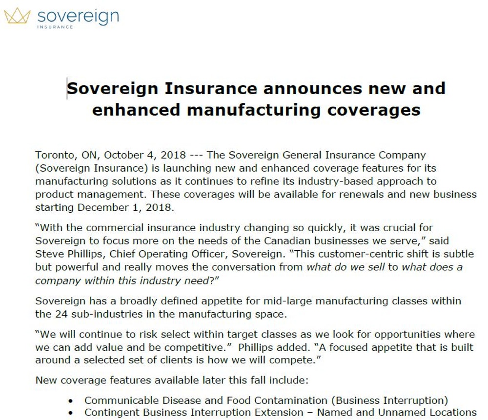 Aperçu du communiqué de presse des garanties nouvelles pour le secteur de la fabrication